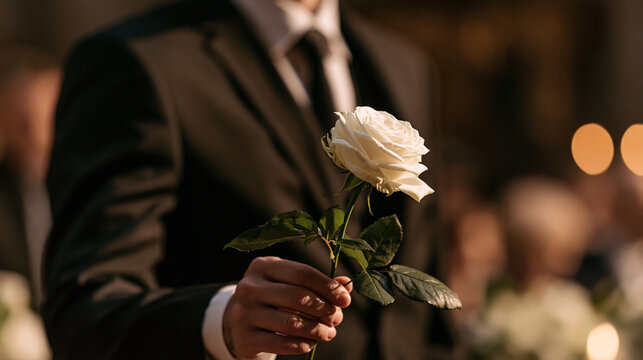 A man in a dark suit holds a single white rose at a memorial service. Concept of grief, loss, and funeral condolences.
