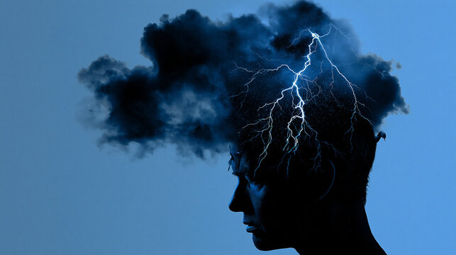 A silhouette of a head with lightning and a storm cloud. Concept for mental health awareness, depression, or severe migraine.