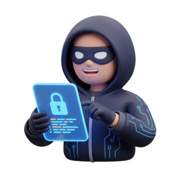 Modern digital hacker character holding a security shield and digital tablet, wearing hoodie and mask