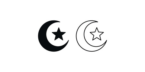 Islamic crescent moon and star religious symbols in black line art and solid silhouette style. © Developer