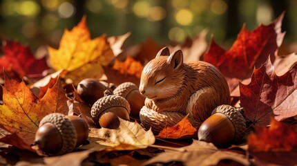 Naklejka premium Carved wooden squirrel figurine slepic peacefully amid fallen autumn leaves and acorns. A charming scene of forest nature, evoking cozy seasonal feelings and hibernation.