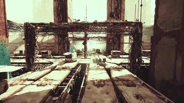 industrial freight yard rails cranes sunrise wideangle drone shot of weathered tracks, container stacks, rusted steel bridge, concrete platforms, cargo trucks,