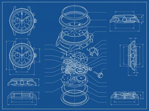 Technical blueprint of a mechanical watch showing exploded view.