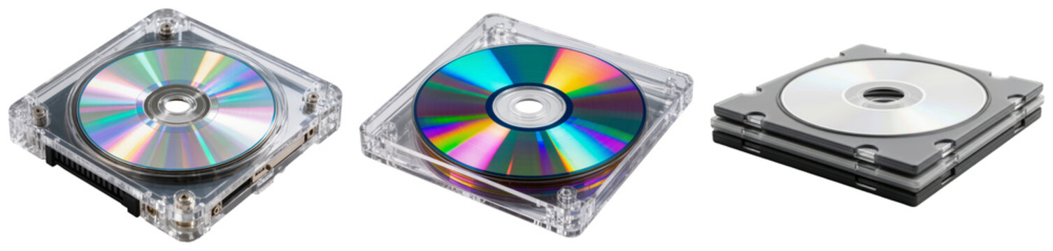 Three different types of CD/DVD cases with discs inside, isolated on a white background.