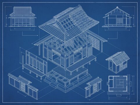 Architectural Blueprint of Traditional Japanese House Structure.