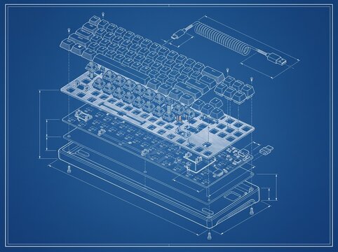 Exploded view technical blueprint of a mechanical keyboard.