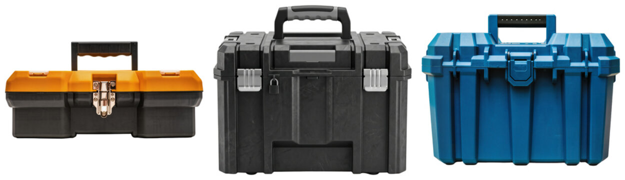 Three different colored toolboxes, orange and black, black, and blue, isolated on a white background