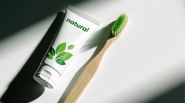 Tube of natural toothpaste and bamboo toothbrush sit on white background. Eco friendly dental care routine for clean fresh teeth and healthy gums.