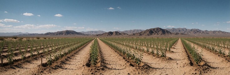 Fototapeta premium Young plants grow in neat rows on sandy soil under clear blue sky. Mountains form distant backdrop to this arid desert farming scene. Agriculture thrives in harsh conditions, showing new life, growth.