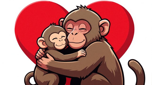 Parent monkey hugs young baby monkey with love. Two primates embrace warmly against red heart symbol. Illustration conveys strong family bond and affection between creatures.