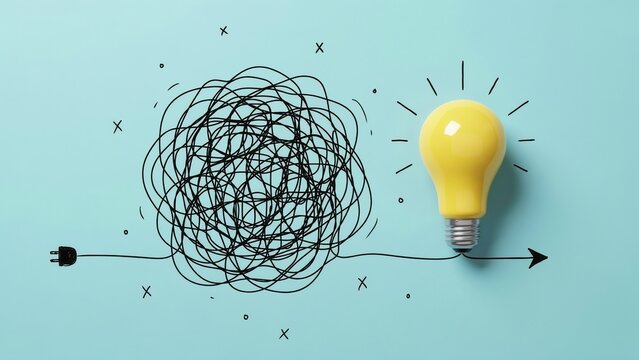 A glowing lightbulb connected to a messy tangled line solving a complex problem. Concept of innovation and problem-solving for business strategy presentations.
