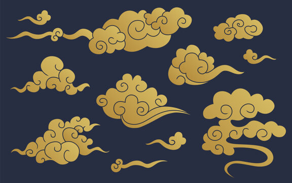 Japanese, Chinese, Thai golden cloud set. Traditional Asian curly clouds collection.
