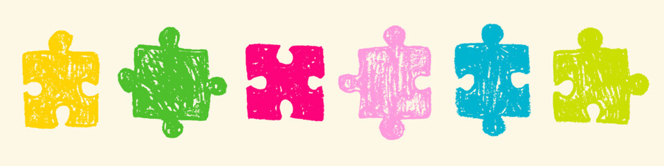 Puzzle pieces colorful crayon scribble texture set. Jigsaw doodle chalk art © Marina