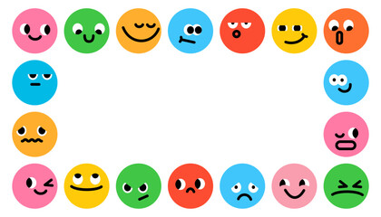 Naklejka premium Funny playful faces border. Frame with groovy funky characters