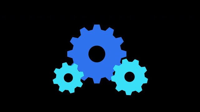 Three meshing gears rotating animation blue and cyan on transparent background 4K