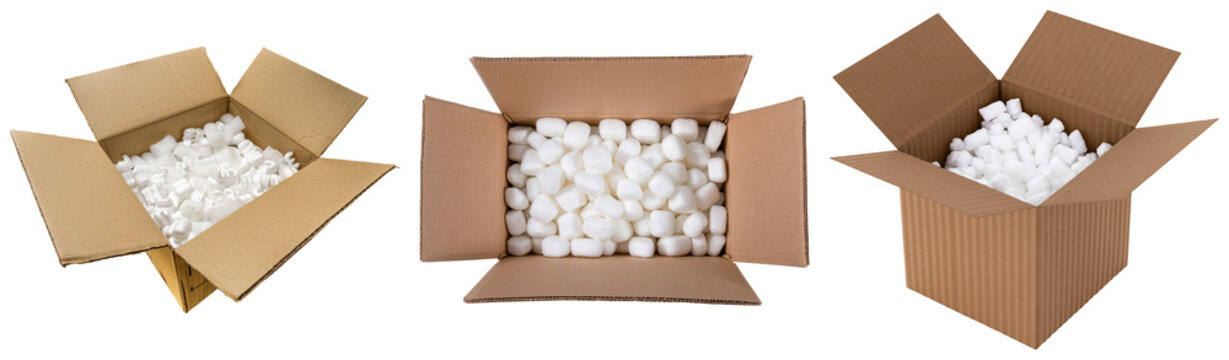 Three open cardboard boxes filled with white packing peanuts, isolated on a white background