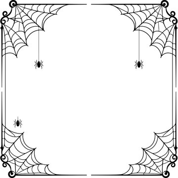 Gothic spider web frame, spooky Halloween corner borders with hanging spiders, black decorative cobweb vector for invitations
