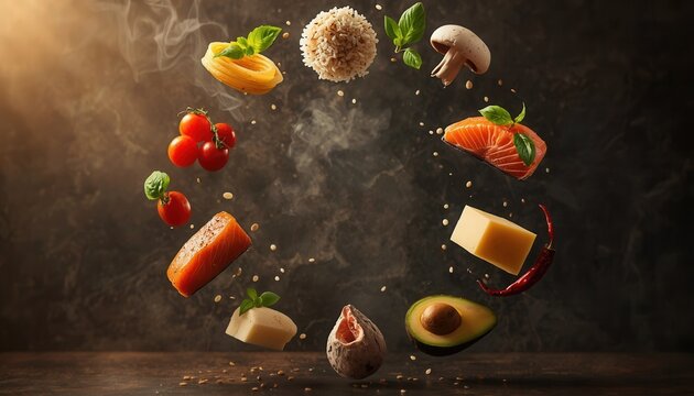 Culinary Harmony: An artistic arrangement of fresh ingredients, including pasta, salmon, avocado, cheese, tomato, mushroom, basil, and fig, float in a mystical circle against a dark.