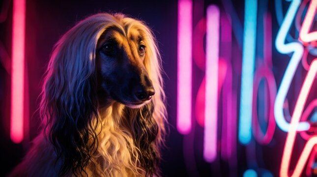 Elegant Afghan Hound with long fur poses indoors amidst vibrant neon lights. Dog displays refined beauty in studio setting with colorful glowing signs. Sophisticated pet portrait.