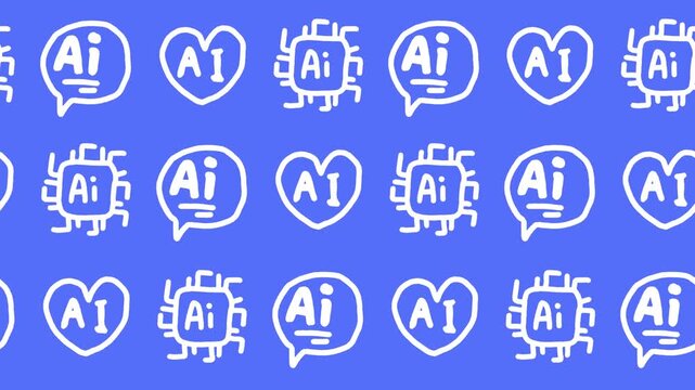 Seamless pattern of hand-drawn AI microchip processor, artificial intelligence chat bubble, and heart icons on an abstract background animation for machine learning wallpaper.
