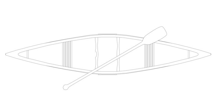 Black and white contour drawing of a canoe with a paddle on a clean white background, featuring simple linework and minimal detail. The boat is centered with its paddle resting beside it. Top view
