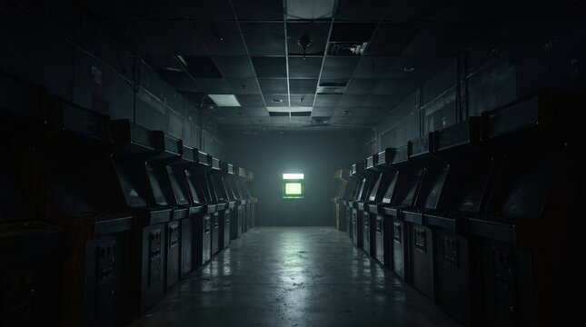 Dimly lit room reveals rows of old arcade machines, abandoned and silent, longing for the joy of games and laughter. A single beam of light shines in from the door.