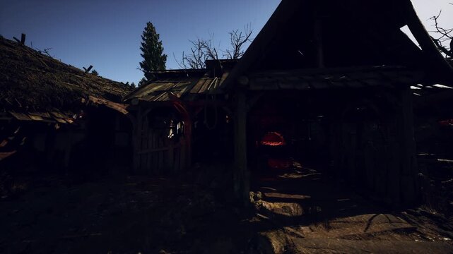 eerie red lit village forge entrance with glowing hearth, anvil silhouette, soot stained timbers and sparks hinting at hidden craft and heat