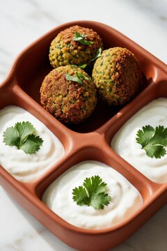 Golden brown falafel balls rest in a terra cotta dish. Creamy white dips, garnished with fresh cilantro sprigs, await dipping. This healthy vegetarian appetizer is perfect for sharing.