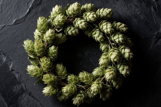 Circular wreath from dried green hop blossoms on textured slate backdrop. Intricate plant pattern circles, organic looking. No humans in frame. Contrasts muted earthy grainy tones. Herb breakfast