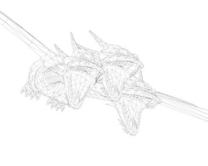 Black and white polygonal dragon head with long tail, resembling a three-headed triceratops in low poly style. Stark contrast against white background highlights geometric facets and sharp angles. © German Ovchinnikov