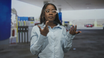 Woman adjusts shirt collar and gestures with hands beside a gas pump and canopy at a street fueling station  quiet confidence. © Krakenimages.com