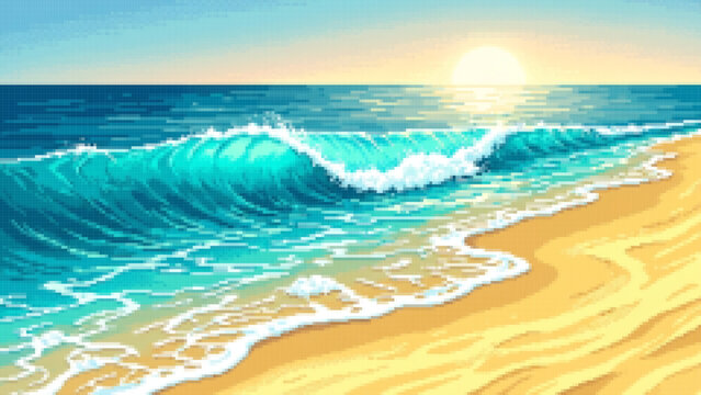 Pixel Art Beach Scene with Turquoise Ocean Wave and Bright Sun, Pixel Art Tropical Beach with Turquoise Waves and Sunny Sky