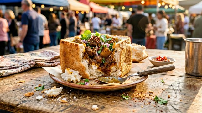 Hearty Sandwich With Chorizo and Onions at Outdoor Market