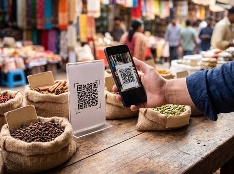 Customer uses smartphone to scan QR code at outdoor market stall for payment.