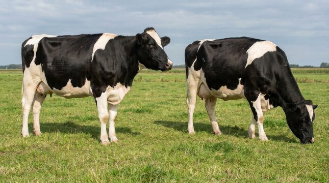 Two Holstein Friesian cows grazing in a green grassy field under a blue sky with white clouds.