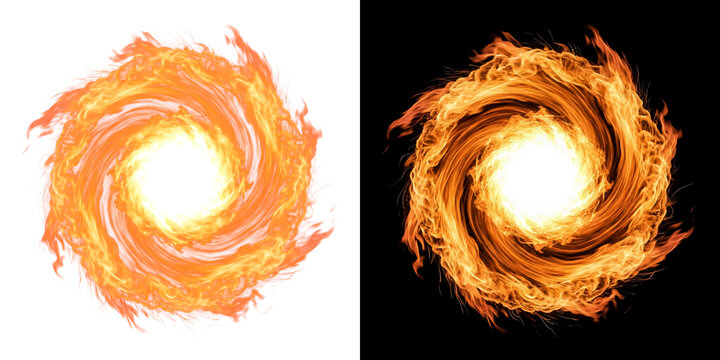 Circular furnace mouth fire vortex with rolling flame spirals vibrant overlay cutout with real transparency