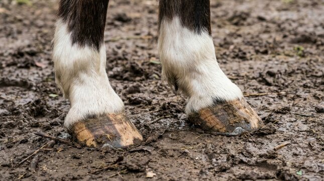 Close up of a horses hooves standing in muddy ground outdoors.