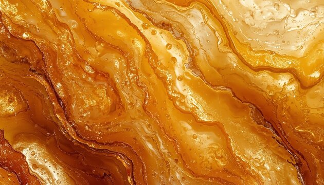 Golden liquid waves flow in artistic ripples creating abstract textures with bright honey tones and reflective surfaces of warm light