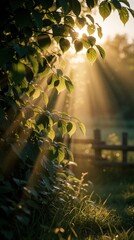 Naklejka premium Golden sun rays shine through green leaves in garden. Bright morning sunlight filters through tree branches over grass, wooden fence. Warm summer light creates dreamy atmosphere in nature landscape.