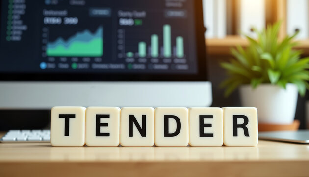 Contract bidding dashboard with TENDER blocks on a desk for price analysis, supplier performance, procurement risk and award decisions.