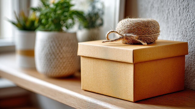 Small kraft gift box with twine on wooden shelf for product display packaging and home decor background