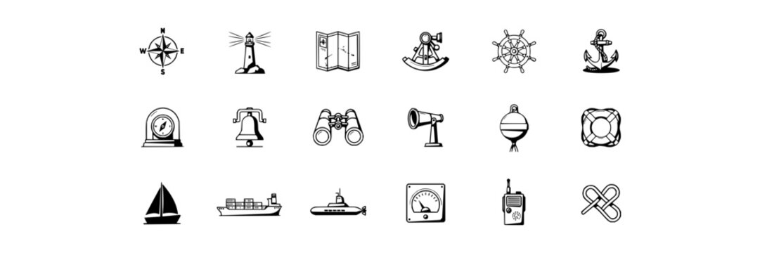 Marine Navigation Icons set with compass featuring lighthouse, nautical chart, sextant, ship's wheel and anchor with buoy, barometer and binoculars
