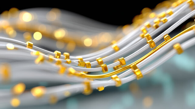 Abstract gold cable and connector technology dashboard background showing flowing data streams for information system banner and ui design