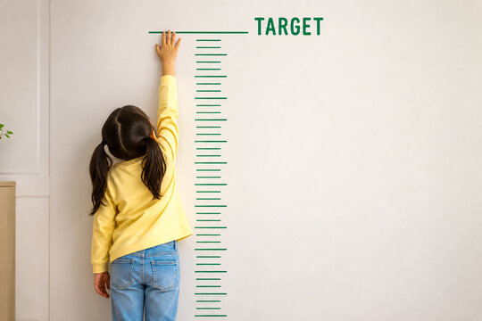 Little Girl Measuring Height Against Wall Scale Reaching for Growth Target