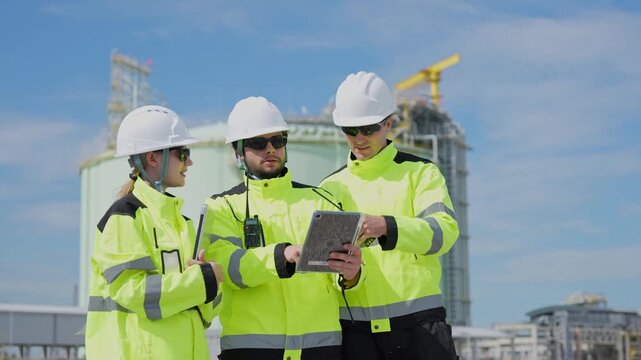 lng engineers discussing plant infrastructure outdoors, oil and gas project team examining terminal facility with laptop and tablet, industrial engineers planning at energy plant
