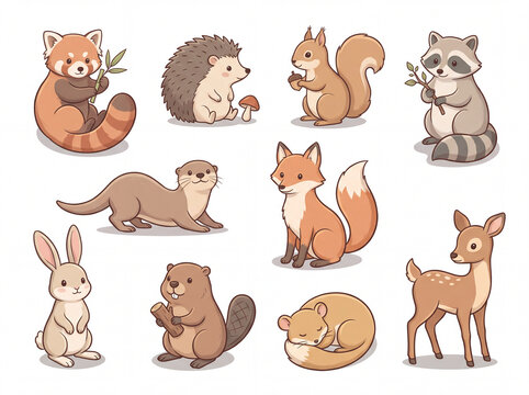Cute woodland and forest animals cartoon illustration set