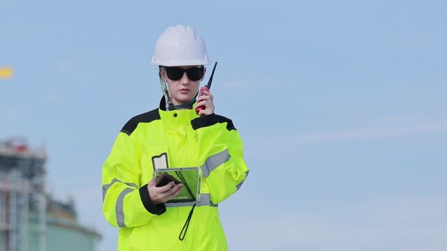 Female engineer with walkie talkie and tablet at an LNG facility, Woman supervisor communicating on radio at a liquified natural gas plant