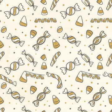 Seamless pattern with hand drawn candy corn and wrapped sugar candies on neutral beige background for festive fall decor.