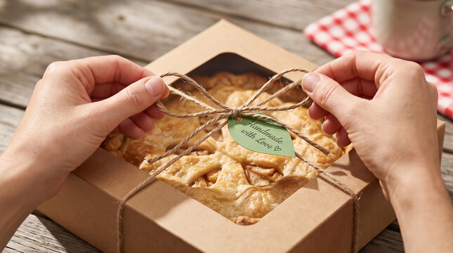 Hands tying twine around cardboard box containing apple pie. Food gifting, bakery, homemade treats, rustic table setting.