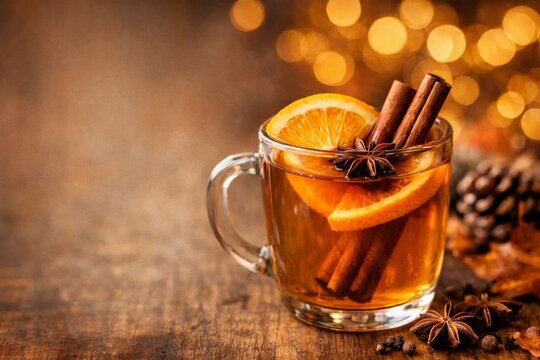 Warm mulled cider with orange slices and cinnamon sticks in a glass mug with star anise for holiday drink background and cozy seasonal poster design